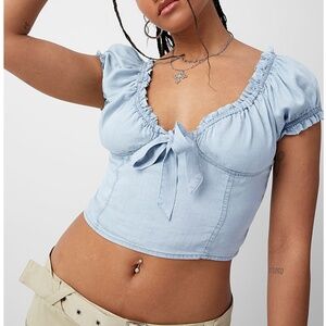 Love Tree baby blue denim boho peasant puff sleeves accent bow bustier top NWT